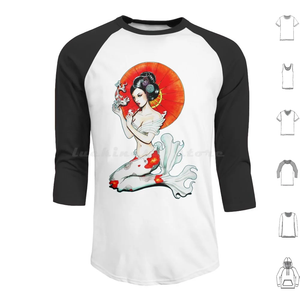 

Koi Hoodie cotton Long Sleeve Geisha Koifish Tattoo Parasol Mermaid Japanese Underwater Kimono Pinup Traditional