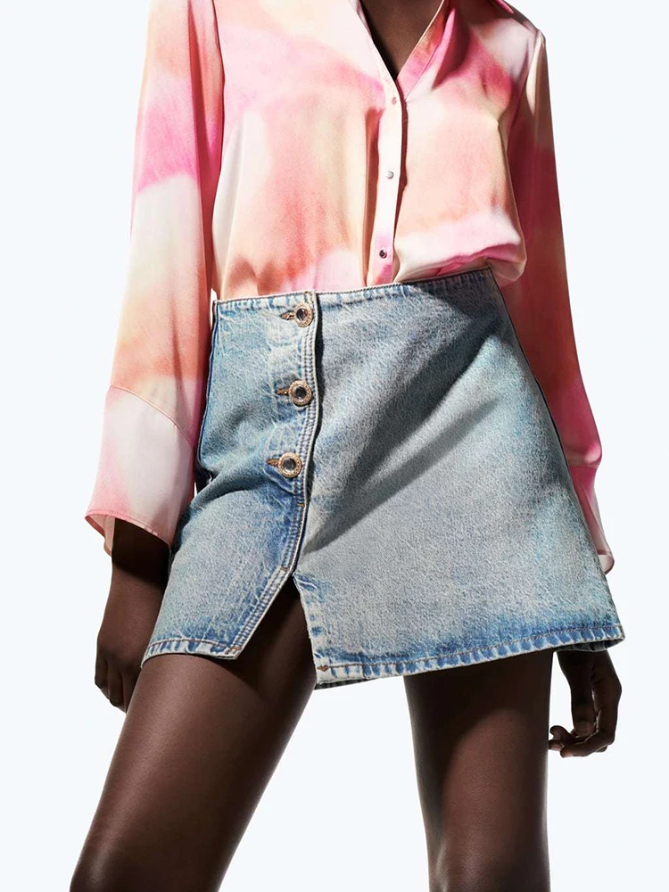 

Летняя короткая голубая джинсовая юбка с пуговицами, Однорядная, 2022