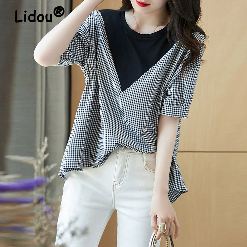 

Женская одежда, клетчатая хлопковая блузка в стиле пэчворк с принтом, летняя Модная рубашка с круглым вырезом и коротким рукавом, уличная одежда, простые повседневные свободные топы