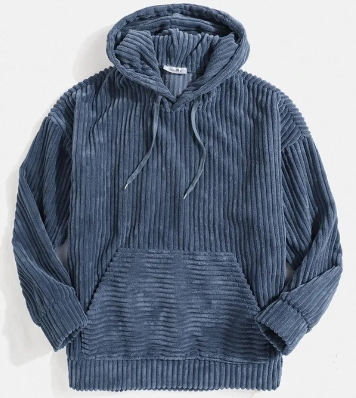 

Men Clothing 2022 Men's Sweatshirt Thick Corduroy Long Sleeve Solid Color Kangaroo Pocket Drop Shoulder Hoodie