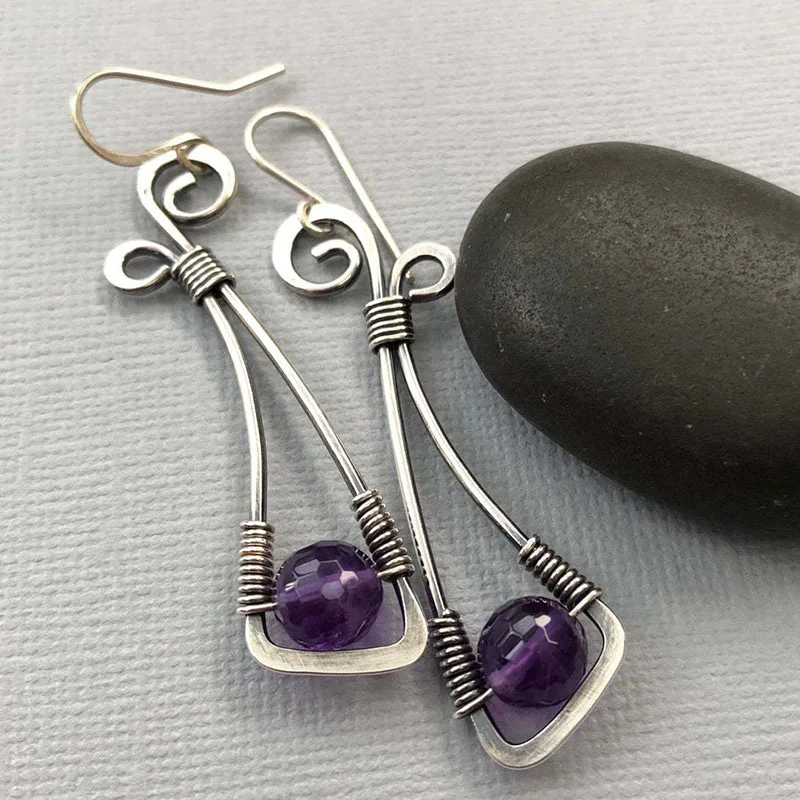 

Ethnic Round Purple Stone Boho Earrings Vintage Jewelry Silver Color Spiral Metal Geometry Hollow Dangle Earring Gift