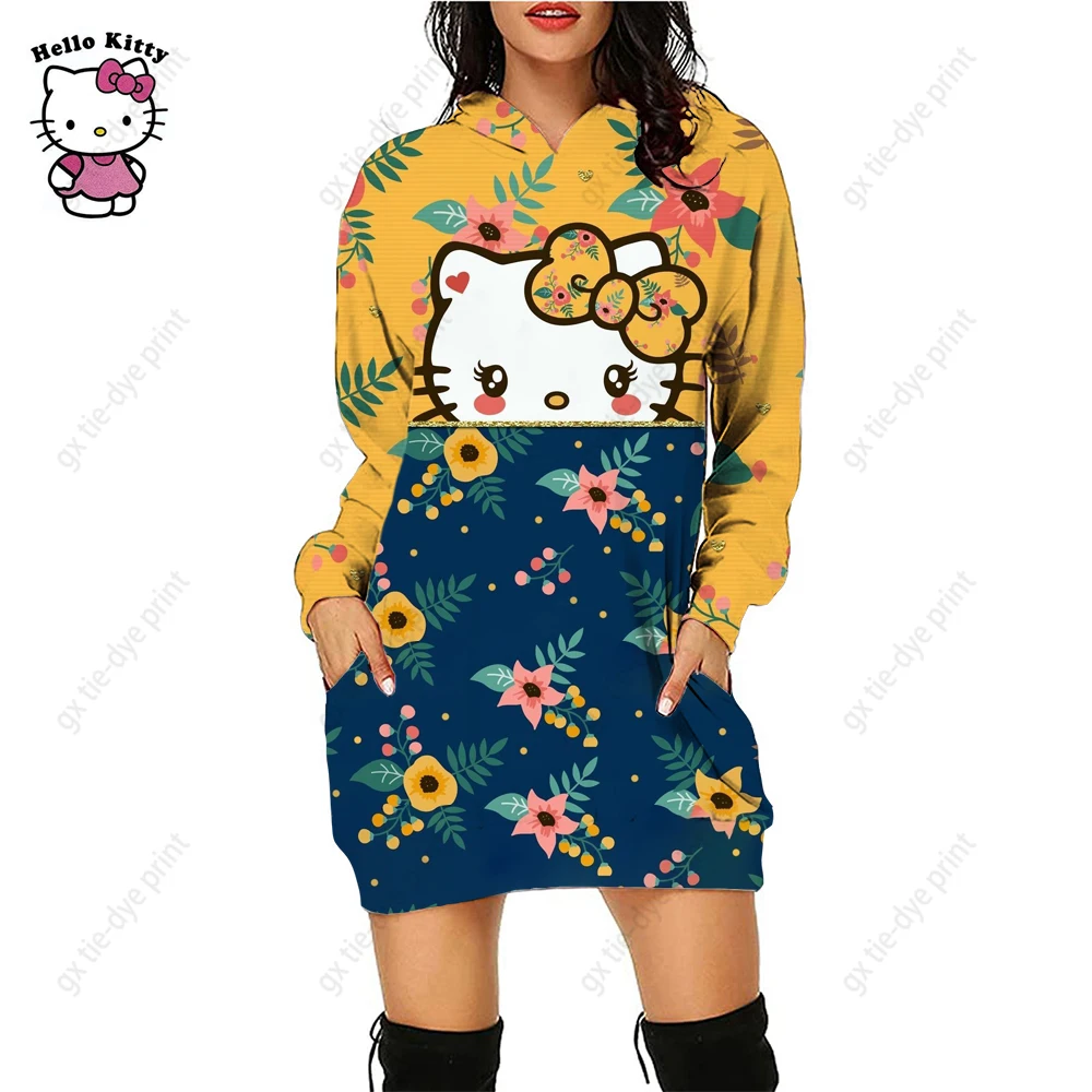 

Женская толстовка с капюшоном и принтом Hello Kitty, свободная толстовка с круглым вырезом, пуловер с круглым вырезом, сексуальное платье с капюшоном
