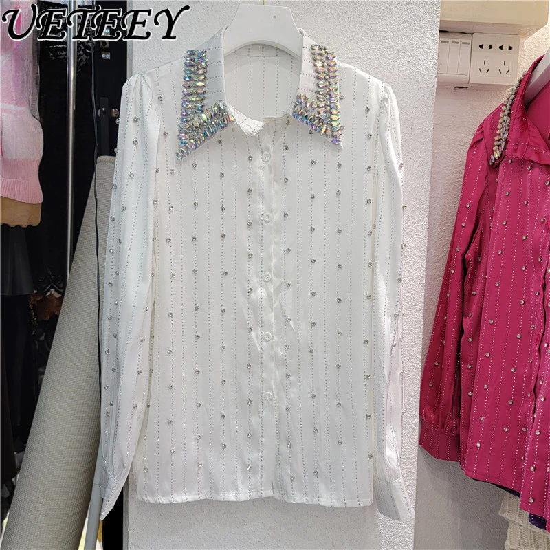 

Heavy Embroidery Hot Drilling Shirt Women's Light Luxury Beaded Lapel Long Sleeve Loose Autumn Shirt Silky Slimming Tops