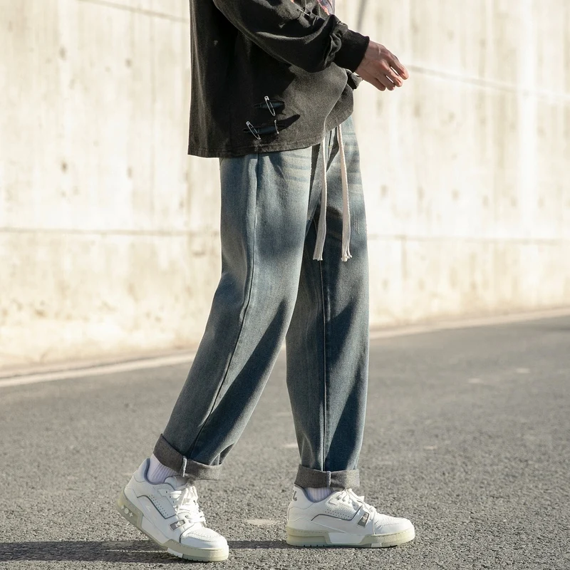 3-color Drawstring Jeans Men Fashion Retro Casual Straight Jeans Men Japanese Streetwear Hip-hop Loose Denim Pants Mens Trousers
