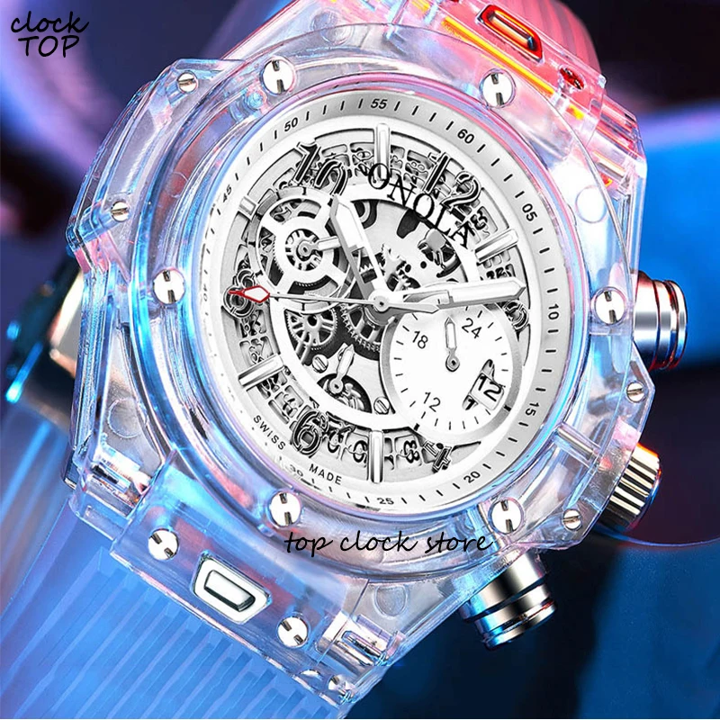 

Transparent Hollow Case Men Women Quartz Watch White Skeleton Military Sports Wristwatch Multiple Time Zone Couple Male Reloj