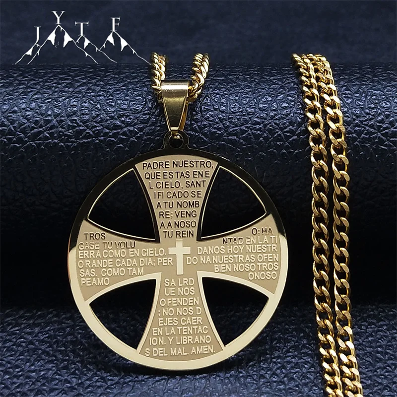 

Kpop Spanish Bible Christian Cross Hollow Necklace Stainless Steel Hip Hop Round Pendant Necklaces Religious Jewelry Gift N2043S