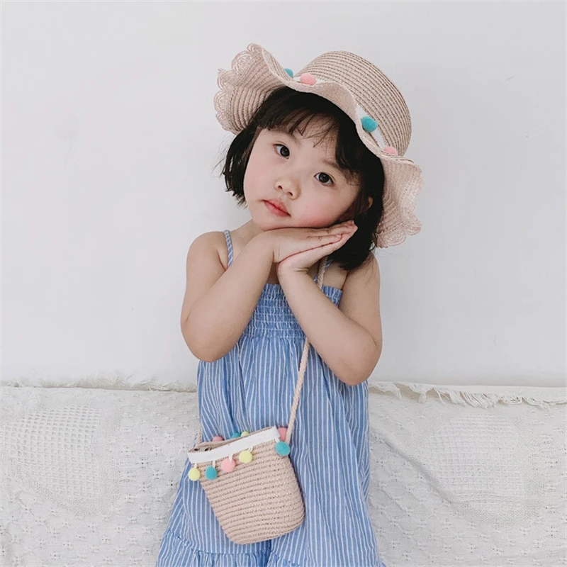 

2Pcs Hand-Knitted Straw Beach Toddler Girl Summer Breathable Sun Protection Wide Brim Sunshade Hat and Bag Suit