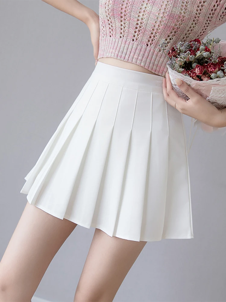 2022 Fashion Zoki Sexy Women Pleated Skirt Summer High Waist Chic A Line Ladies Pink Mini Skirt Korean Zipper Preppy Style
