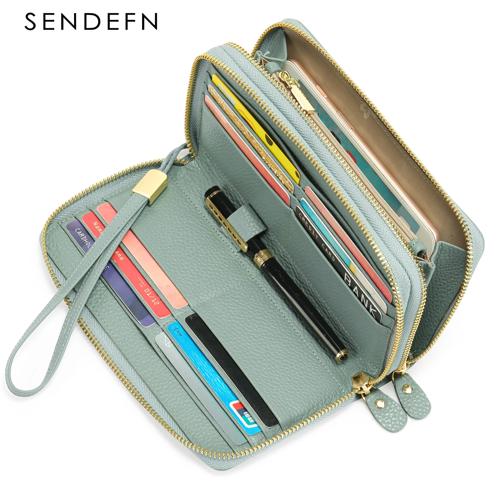 Fashion Double Zipper Long Genuine Leather Women Wallet Female Purses Coin Purse Card Holder Large Capacity Wrist Handbag