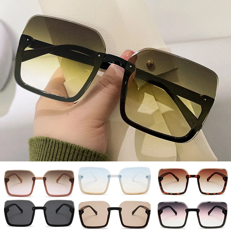 

Vintage Fashion Sunglasses for Women Rimless Square Shades Gradient Summer Traveling Oversized Sun Glasses 2022 Stylish