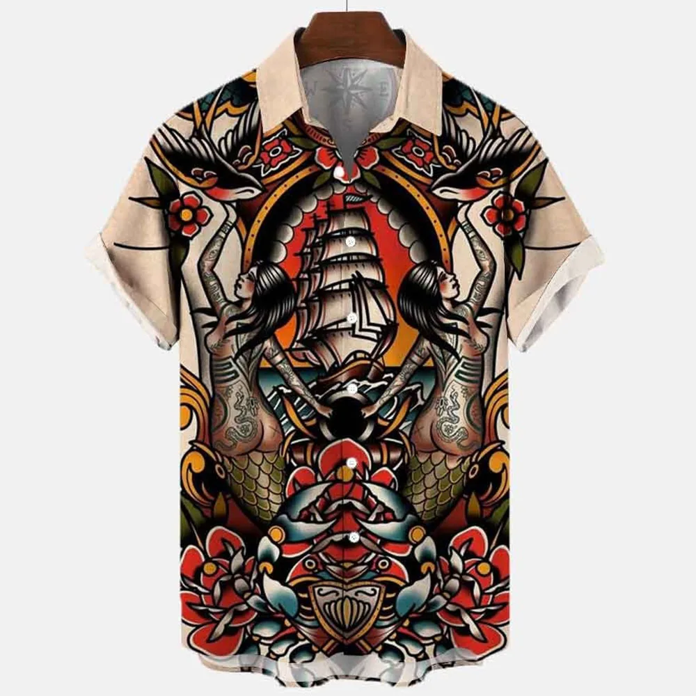 2023 Gods 3d Retro Animal Men's Shirt Havana Lapel Men's Shirt Summer Shirt Ichthyosaur Print Short Sleeve Loose EU Size