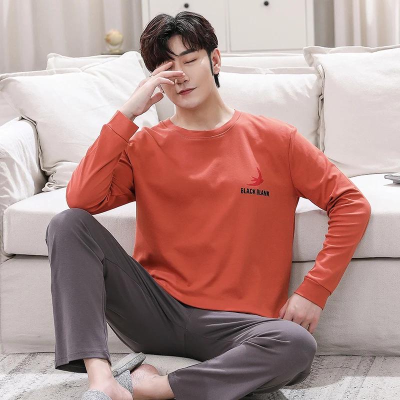 QUHENG Autumn Men Pajama Sets Cotton Pijama Round Neck Male 2 Pieces Sets Casual Homewear Sleepwear Long Sleeve Nightwear