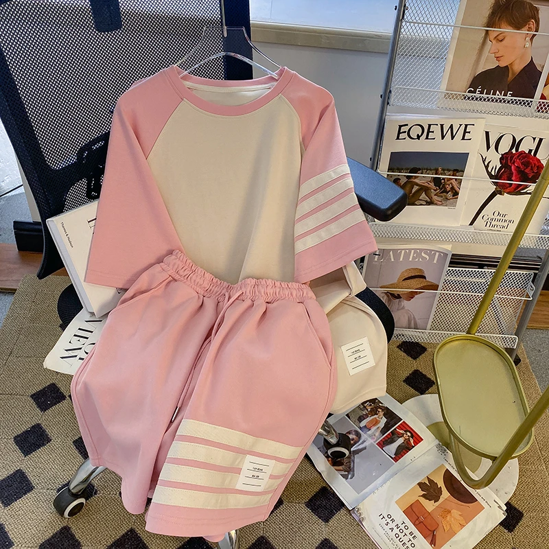 

2023 Summer Tracksuit Women Loose Shorts Two Piece Set Patchwork Cotton Striped Korean Sweet Oufits Female Clothing Short Sleeve