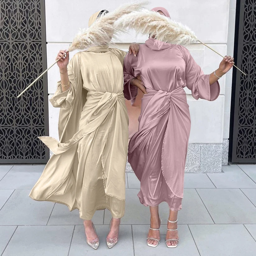 

3 Piece Matching Muslim Sets Eid Satin Abayas for Women Dubai Turkey Hijab Dress Open Abaya Kimono Islam Outfit Wrap Front Skirt
