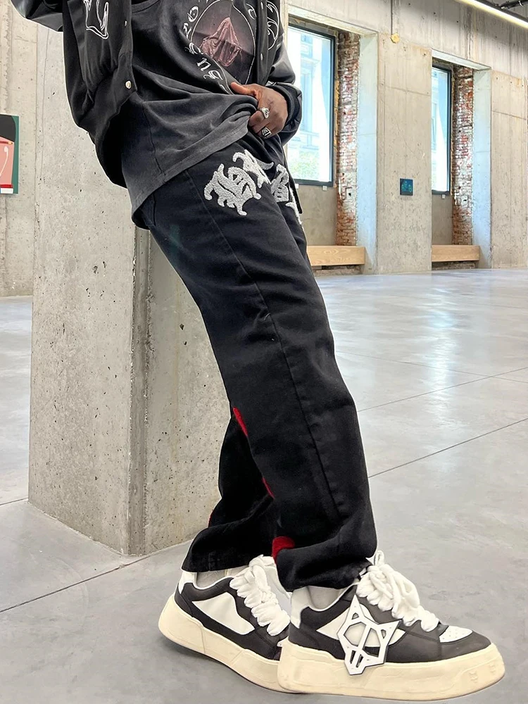 Black Vintage Jeans Men Latest Design Heart Character Patches Embroidered Casual Trousers Y2K Loose Straight Cotton Denim Pants