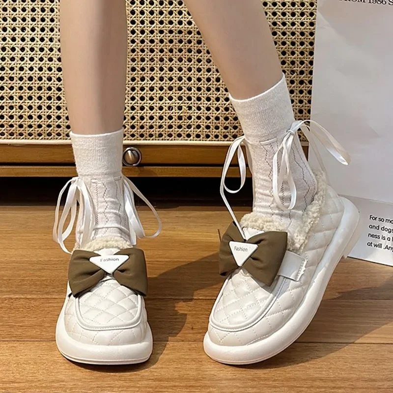 

Flats Loafers Bow Women Shoes Winter Warm Cotton Boots 2024 Sweet Marie Janes Shoes New Fad Lolita Walking Shoes Mujer Zapatos