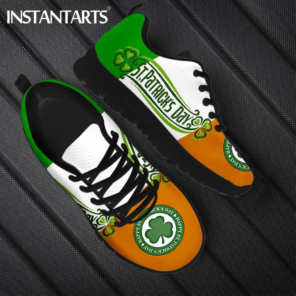 

INSTANTARTS Fashion St. Patrick's Day Design Casual Sneakers for Women Comfort Lace-up Flat Shoes Green Print Light Footwear