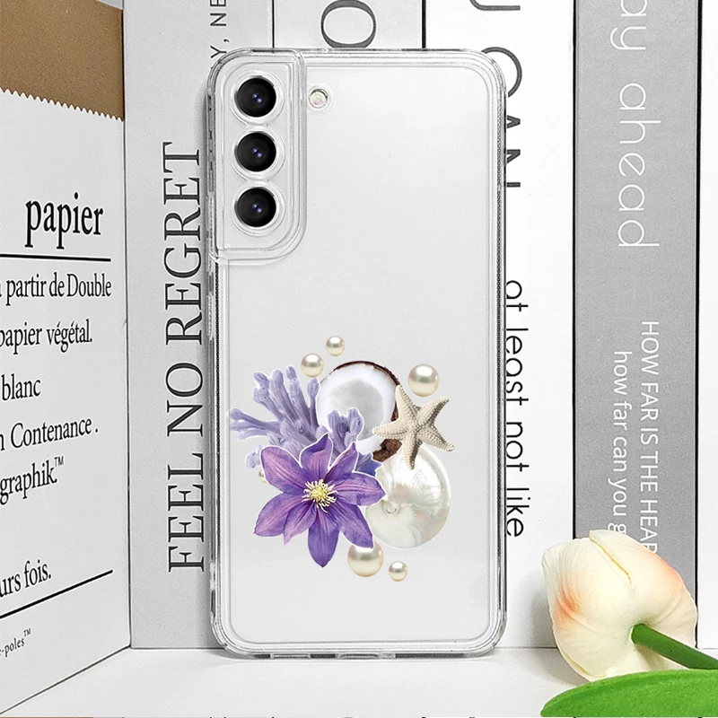 Фото Мягкий чехол для телефона Samsung Galaxy S26 S25 Ultra S24 S23 S22 Plus S21 FE S26+ S25+ с тропическими мотивами: ракушки и плоды гибискуса №5
