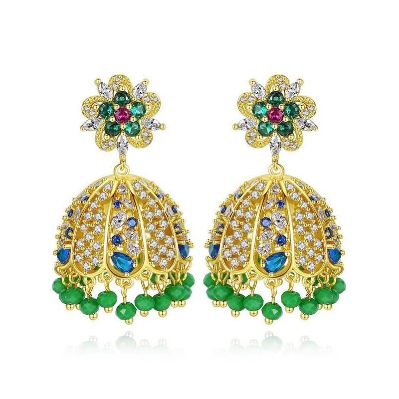 

Zircon Indian Jhumka Jhumki Bollywood Ethnic Gypsy Crystal Beads Tassel Bells Drop Earrings Bridal Wedding Party Jewelry Gifts