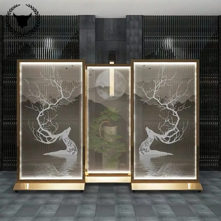 

Stainless Steel Screen, Light Luxury Art, Movable Partition With Lamp, Hotel Living Room Decoration SUS 304