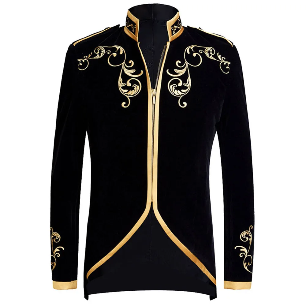 

White Court Tuxedo Men Jacket Wedding Men's Blazer Prince Gold Embroidered Jacket Coat Singer Performance Costume Zipper Coat