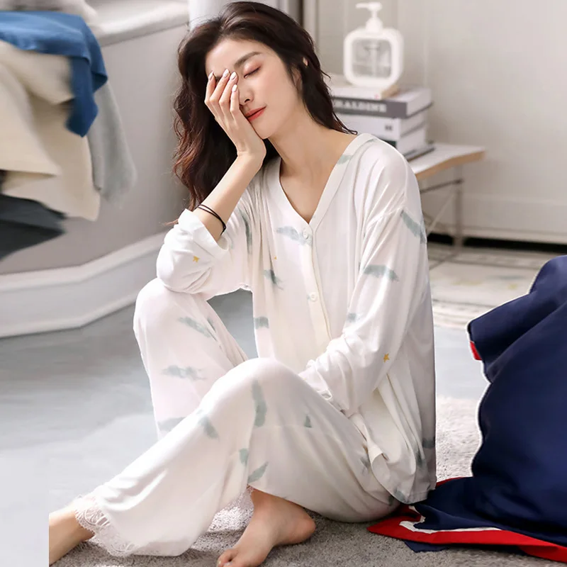 Comfortable Cotton Pajamas For Women Loose Pijama New Long Sleeve Spring Autumn Home Wear Clothes V Neck Casual Sleepwear Set