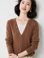 spring and autumn new womens long sleeved v neck stitching knitted sweater simple and comfortable all match pullover sweater