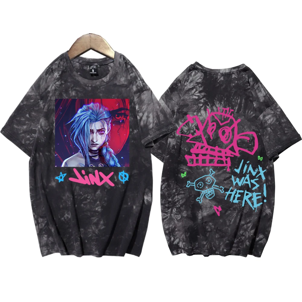Jinx-Arcane Аниме Tie Dye Рубашки Унисекс Футболка с круглым вырезом и короткими рукавами