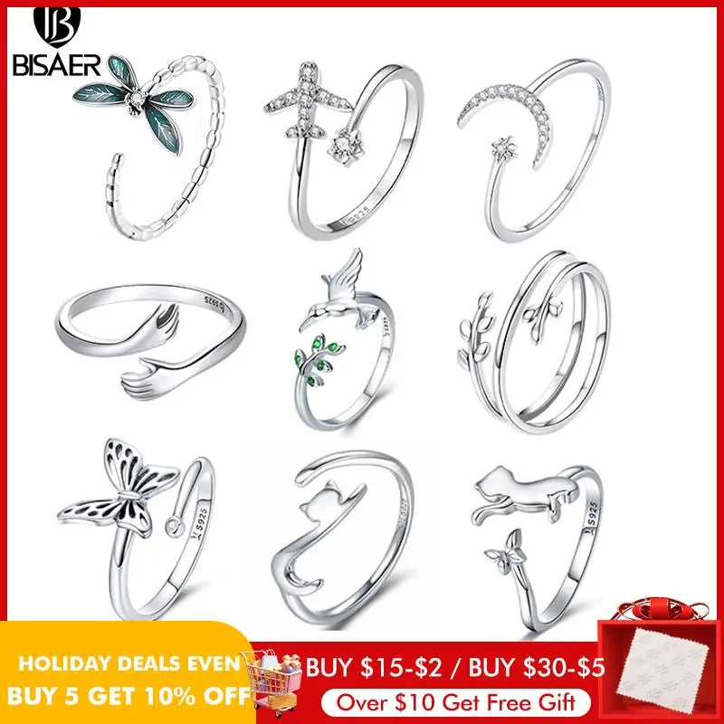 BISAER 925 Sterling Silver Adjustable Ring Star Moon CZ Hug Love Rose Bird Open Rings For Women Party Original Jewelry Size 5-9