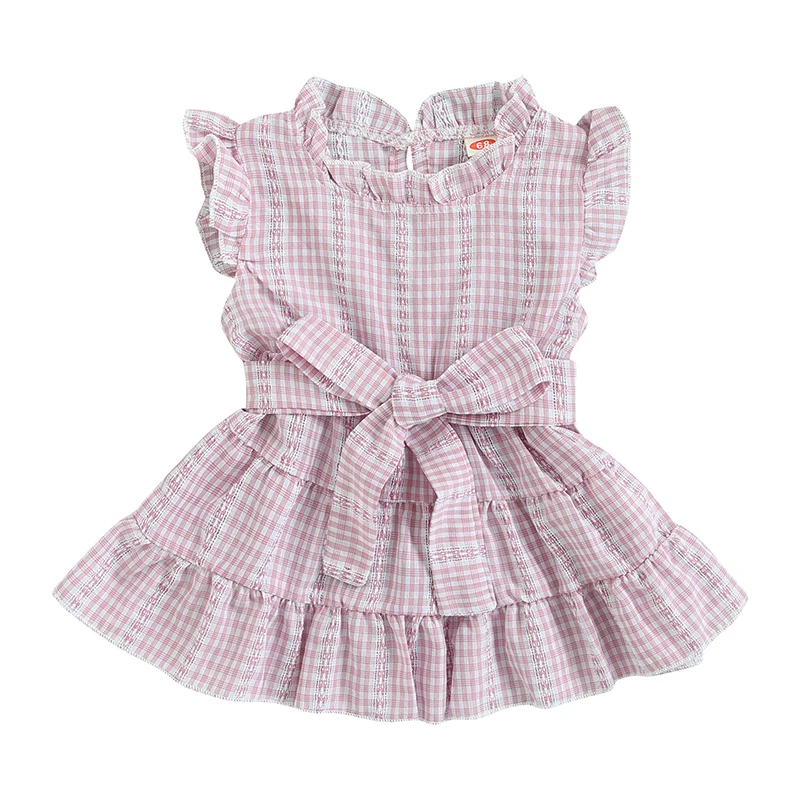 

Baby Girl Flying Sleeve Dress, Plaid Pattern Ruffled Summer A-Line Dress, Waist Belt Decoration Dress