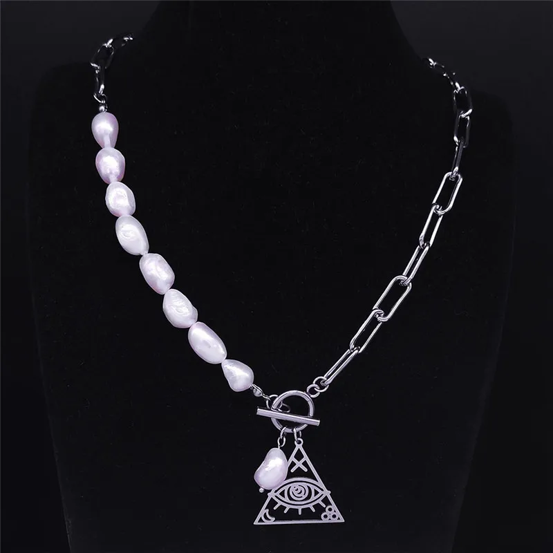 

Stainless Steel Freshwater Pearls Egyptian Pyramid Eye Chain Necklace Women Silver Color Fashion Jewelry bijoux femme NXH43S07