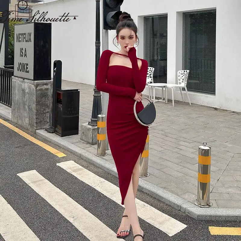 

New Burgundy Women Dress Sexy One Shoulder Long Sleeve Slit Pleated Dress Robe Femme Dress Women Vestidos L16
