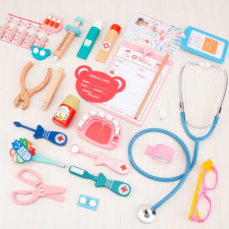 

Medicine Set Toy Cart Kids Kit Box Play Wooden Doctors Suit Pretend Children's House Simulation Little Girl Cosplay Doctor Toys