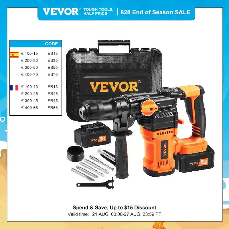 VEVOR 20V Rotary Hammer Drill Max Drilling 26mm 3 Modes SDS-Plus Concrete Chipping Cordless Breaker Perforator