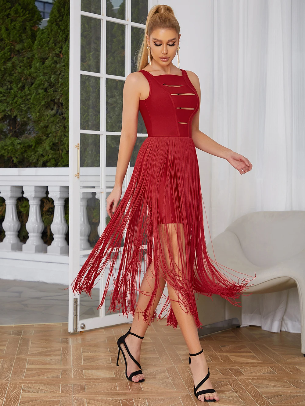2022 New Summer Sexy Hollow Out Tassel Sleeveless Red Midi Dress Elegant Women Bandage Evening Dress Club Party Vestidos