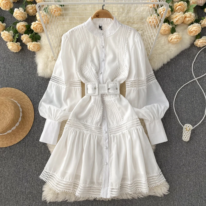 

Autumn Vintage Midi Dress White Hollow Out Lace Patchwork Puff Sleeve Elegant Female Vestidos Stand Collar Luxury Vacation Party