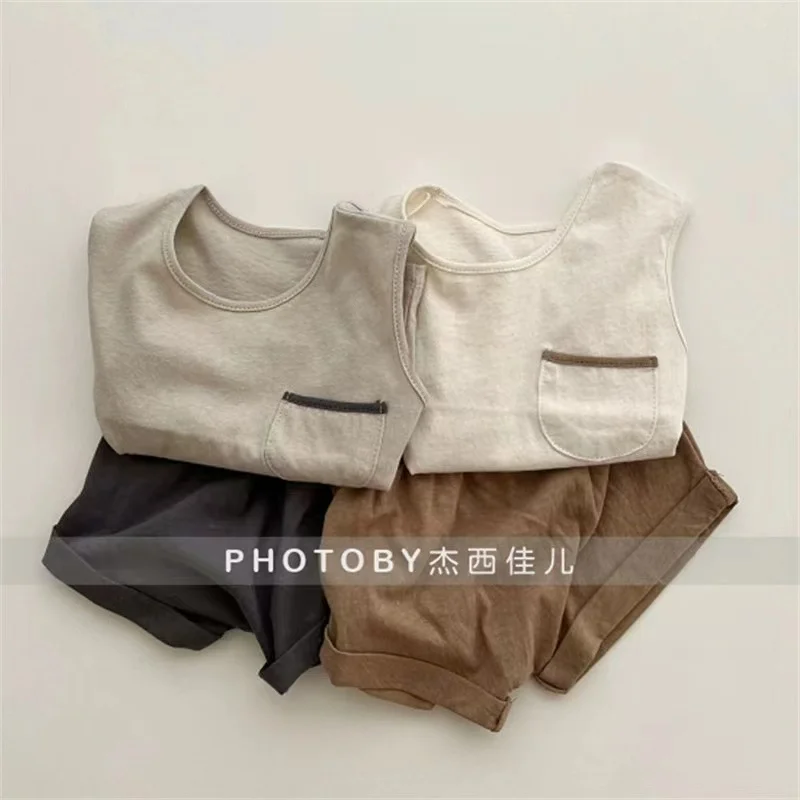 

Korean Ins Boys And Girls Summer New Suit Children'S Simple Vest And Shorts Clash Colour Casual Comfortable Two-Piece Suit