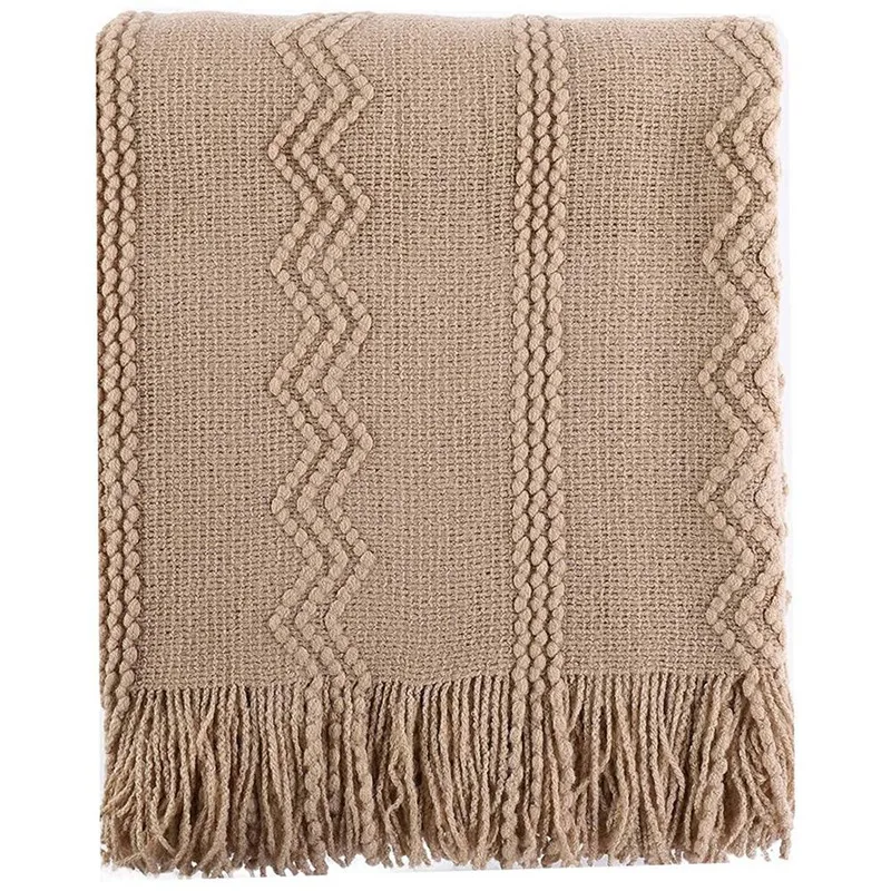 

Knit Throw Blanket Soft Lightweight Textured Decorative Blanket with Tassel for Bed, Couch (Tan, 50inchX60inch)