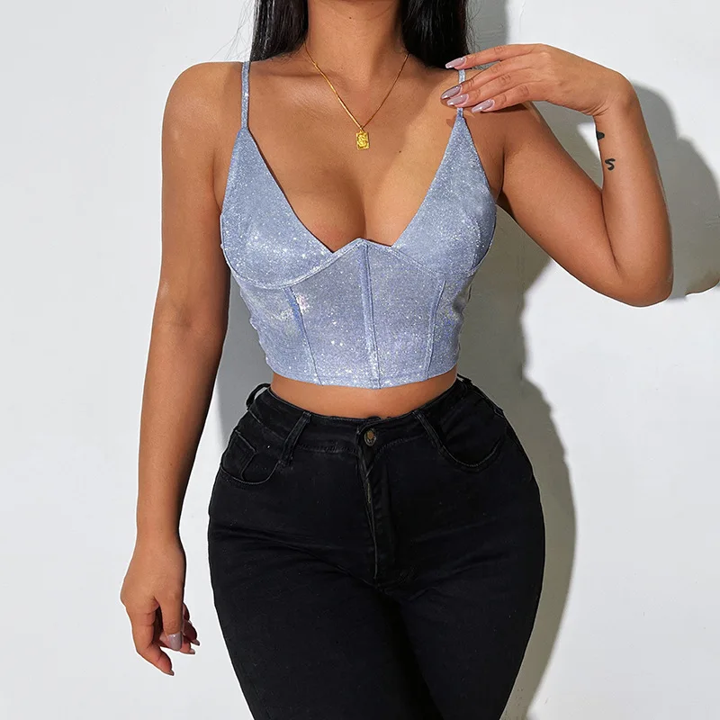 

Cami Tops Y2k Glitter Sexy Sleeveless Camisole For Women's Streetwear Night Club Wear Slim Straps Low-cut Vest Cropped Top Lady