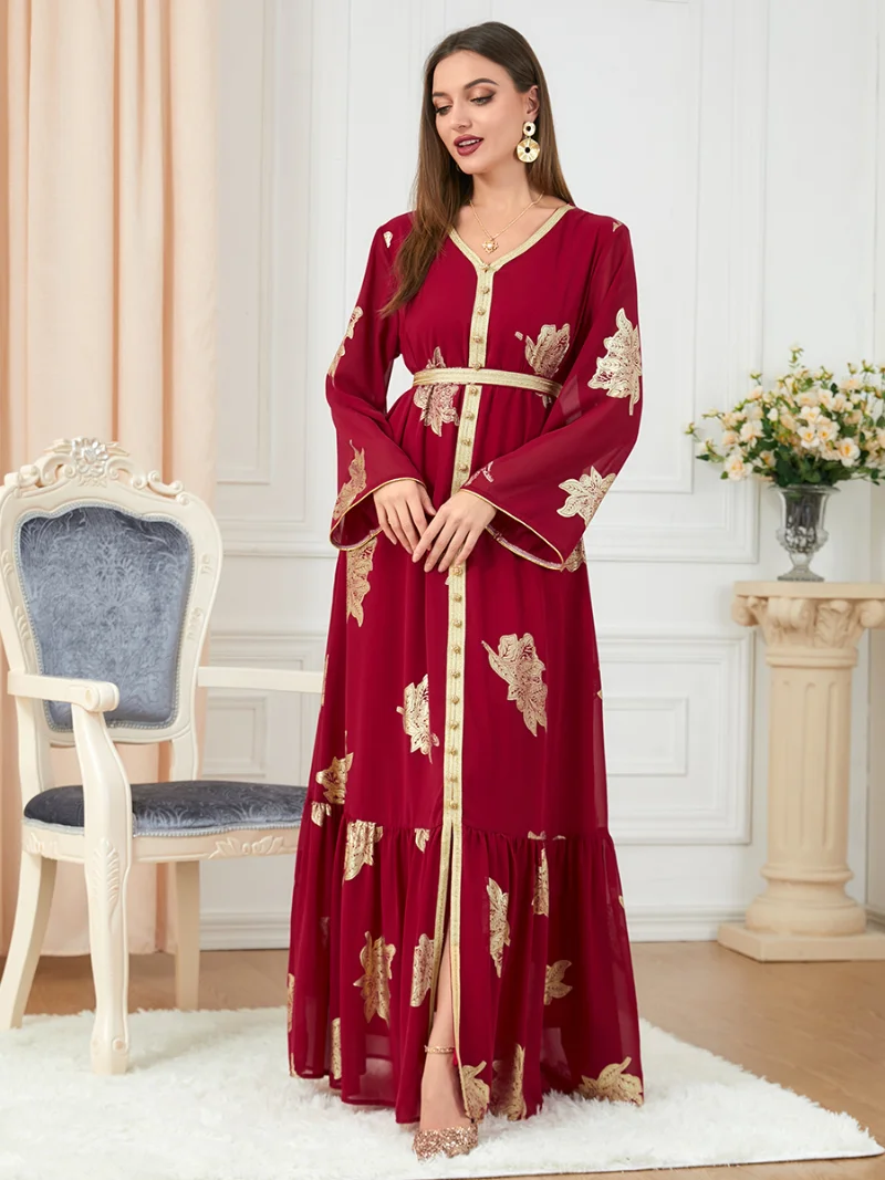 Dresses For Women 2022 Autumn Muslim Fashion Dubai Abaya Printed Button Tape Trim Belted Kaftan Split Hem Party Dress