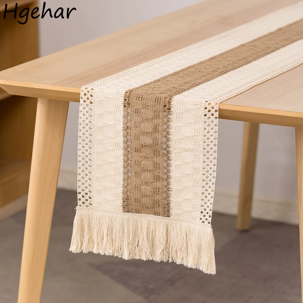 

Table Runner Spliced Cotton and Linen Tablecloth Tassels Vintage Dining Tables Cover Household Dust-proof Rectangle Decoration