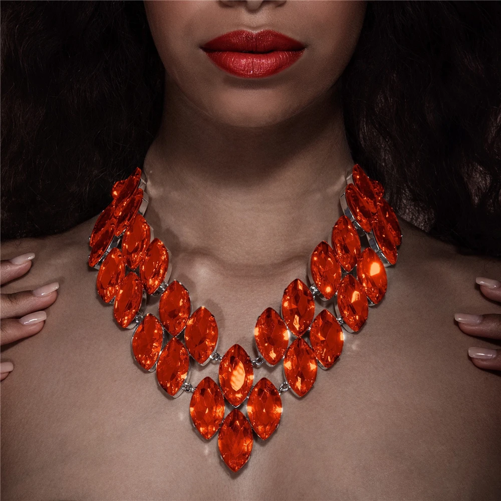 

2022 New Fashion Double Level Orange Large Crystal Pendant Necklace Ladies Temperament Ultra Flash Rhinestone Neck Chain Jewelry