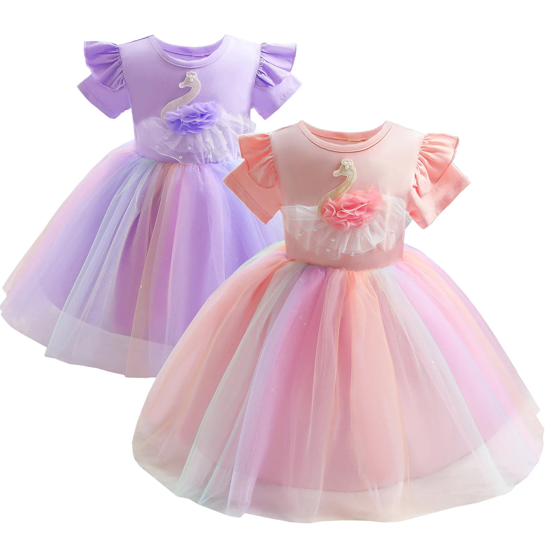 Купи 2022 Summer Cotton Applique Baby Girl Dress Birthday Rainbow Fluffy Mesh Gauze Party Wedding Dress For Princess Evening Dresses за 1,352 рублей в магазине AliExpress