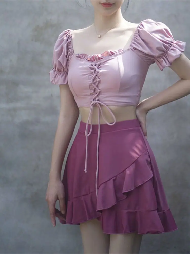 

Купальник для девочек ярких цветов юбки с коротким рукавом Раздельные Костюмы закрывает плотный консервативный купальник для женщин сексу...