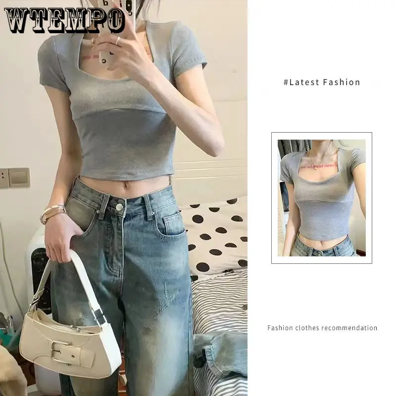 

Knit Square Neck Short Sleeve T-shirt Orthoshoulder Casual Women Crop Top Solid Color Slim Sexy Hottie Commuting Korean Fashion