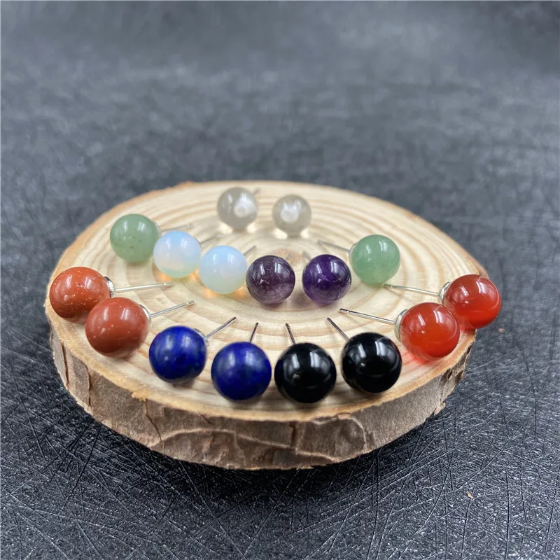 

8mm 10mm Natural stone Stud Earrings Healing Chakra Crystal Quartz Round Ball Beads Ear Jewlry for Women