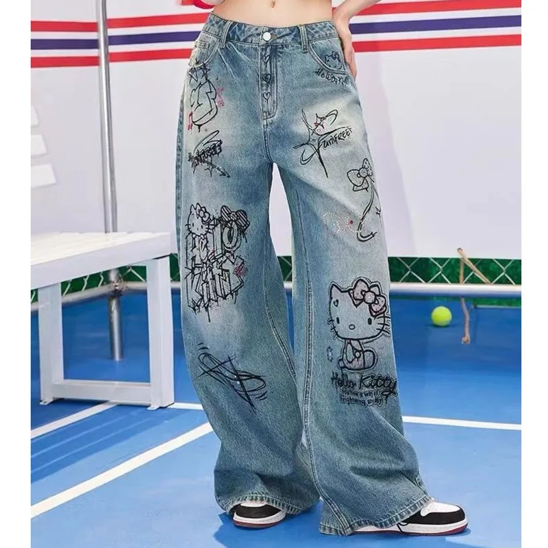 

Женская джинсовая одежда Sanrio, Hello Kitty Y2k, модные джинсы с широкими штанинами, уличная одежда, винтажные брюки, женские прямые джинсы с аниме