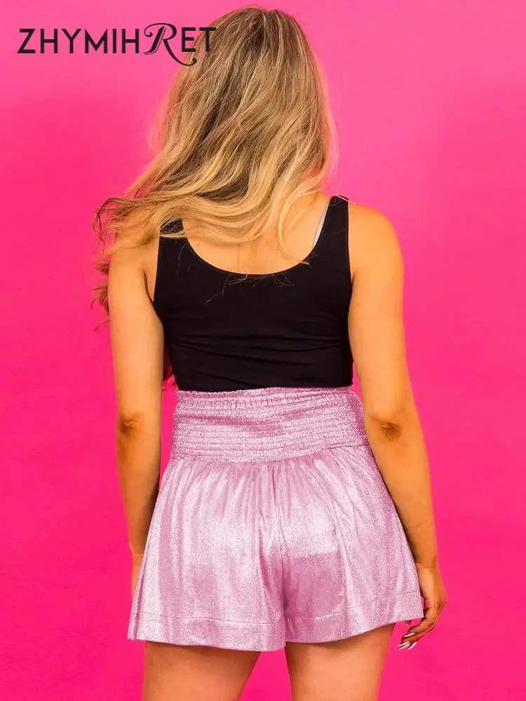 ZHYMIHRET Bling Bright Silk A Line Pleated Women's Shorts 2023 Summer Elastic Highg Waist Y2k Shorts Holiday Festival Outfit