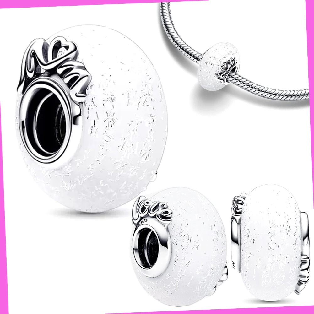925 Sterling Silver Glittery White Murano Glass Mum & Charm Fit Pandora Charms Silver 925 Original Bracelet for Jewelry Making