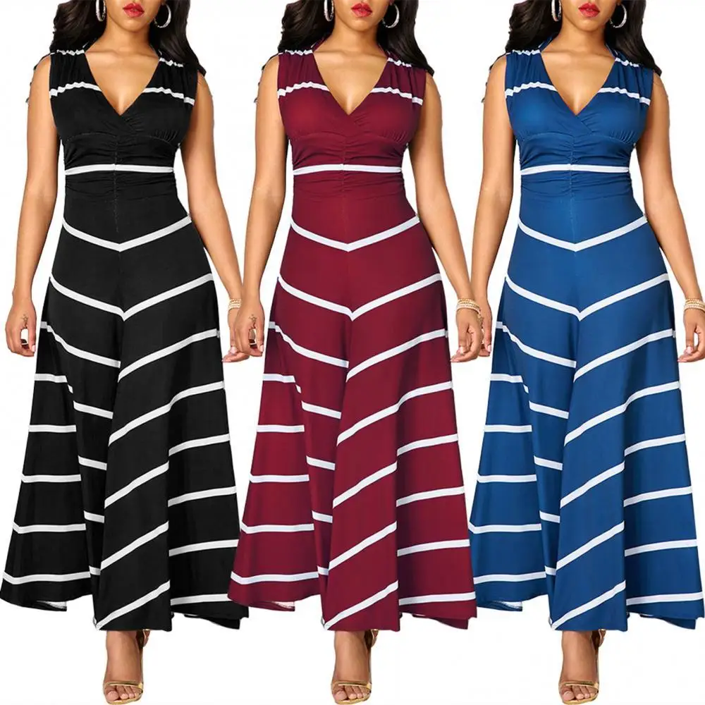 

Women Dress Striped Sleeveless robe de soirée Women's V-neck High-waist Long Swing платье женское вечернее abendkleider 2019